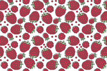 Raspberry seamless pattern. Hand drawn fresh berry. Vector sketch background. Doodle wallpaper. Red and green print