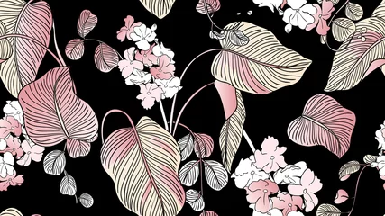 Fototapeten Tropical plants seamless pattern, Pink Princess philodendron and flowers on black background, line art ink drawing in black and pink tones © momosama
