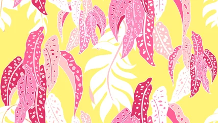 Tuinposter Tropical plants seamless pattern, Begonia Maculata on yellow background, line art ink drawing in pink and yellow tones © momosama