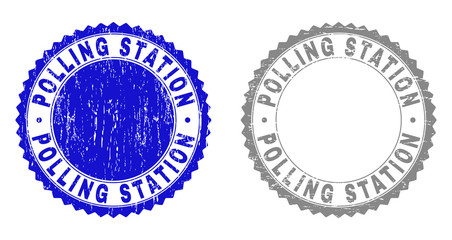 Grunge POLLING STATION stamp seals isolated on a white background. Rosette seals with distress texture in blue and gray colors.