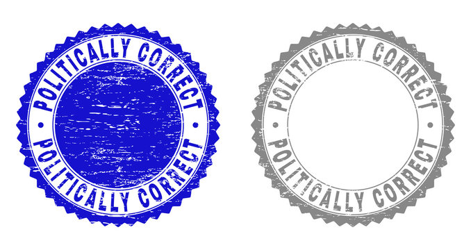 Grunge POLITICALLY CORRECT stamp seals isolated on a white background. Rosette seals with grunge texture in blue and grey colors.