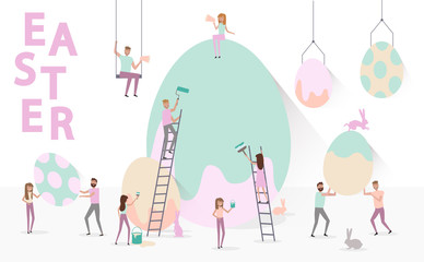 Happy Easter poster with tiny people, families. Easter festival and fair, banner, poster template. Editable vector illustration