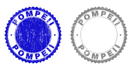 Grunge POMPEII stamp seals isolated on a white background. Rosette seals with grunge texture in blue and grey colors. Vector rubber stamp imprint of POMPEII caption inside round rosette.