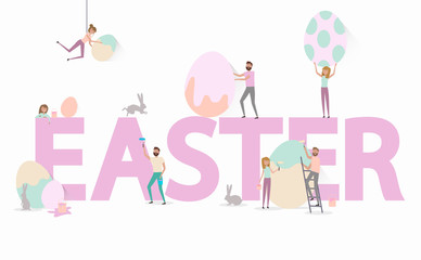 Happy Easter poster with tiny people, families. Easter festival and fair, banner, poster template. Editable vector illustration