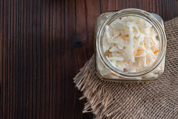 Home sauerkraut, sauerkraut and carrots, a traditional national dish in Russia, Poland, Germany. Copy space.