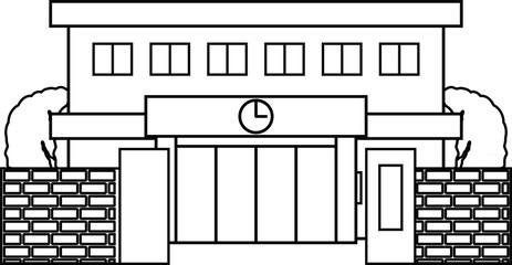 Modern Japanese public school building with gate and trees outline