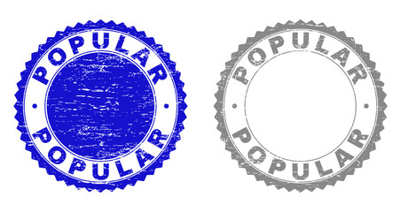 Grunge POPULAR stamp seals isolated on a white background. Rosette seals with distress texture in blue and gray colors. Vector rubber stamp imprint of POPULAR title inside round rosette.