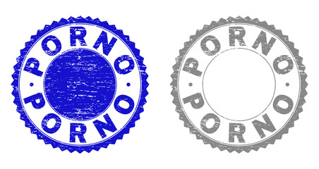 Grunge PORNO stamp seals isolated on a white background. Rosette seals with distress texture in blue and grey colors. Vector rubber stamp imprint of PORNO title inside round rosette.
