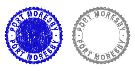 Grunge PORT MORESBY stamp seals isolated on a white background. Rosette seals with grunge texture in blue and grey colors. Vector rubber stamp imprint of PORT MORESBY label inside round rosette.