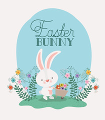 happy easter card with rabbit and wheelbarrow