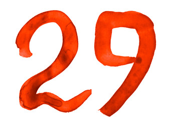 The number 29, painted with a brush in watercolor. Vintage symbol made by hand.