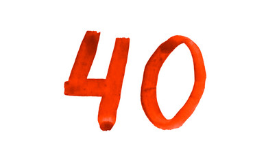 The number 40, painted with a brush in watercolor. Vintage symbol made by hand.