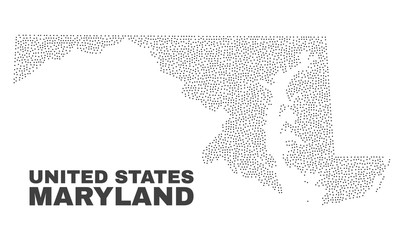 Maryland State map designed with small dots. Vector abstraction in black color is isolated on a white background. Random small dots are organized into Maryland State map.