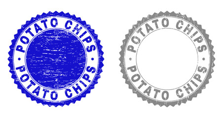 Grunge POTATO CHIPS stamp seals isolated on a white background. Rosette seals with grunge texture in blue and grey colors. Vector rubber stamp imprint of POTATO CHIPS tag inside round rosette.