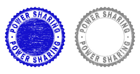 Grunge POWER SHARING stamp seals isolated on a white background. Rosette seals with grunge texture in blue and gray colors. Vector rubber stamp imprint of POWER SHARING tag inside round rosette.
