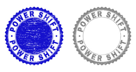 Grunge POWER SHIFT stamp seals isolated on a white background. Rosette seals with distress texture in blue and gray colors. Vector rubber watermark of POWER SHIFT label inside round rosette.