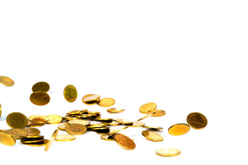 Falling gold coin, flying coin, rain money isolated on white background, business and financial wealth and take profit concept.