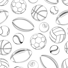 Fototapeta premium PrintSports balls seamless pattern. soccer, football, tennis, baseball, basketball, rugby, american football, volleyball. black and white outline