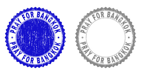 Grunge PRAY FOR BANGKOK stamp seals isolated on a white background. Rosette seals with grunge texture in blue and gray colors.