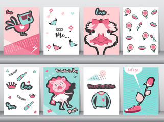 Set of Valentine's day card on retro pattern design,love,animal,minimal,ostrich,cute,Vector illustrations