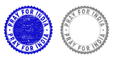 Grunge PRAY FOR INDIA stamp seals isolated on a white background. Rosette seals with grunge texture in blue and gray colors. Vector rubber stamp imprint of PRAY FOR INDIA label inside round rosette.