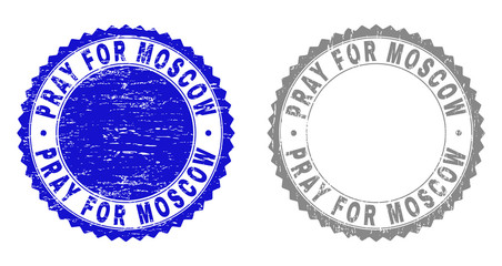 Grunge PRAY FOR MOSCOW stamp seals isolated on a white background. Rosette seals with grunge texture in blue and grey colors. Vector rubber stamp imitation of PRAY FOR MOSCOW tag inside round rosette.