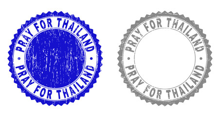 Obraz premium Grunge PRAY FOR THAILAND stamp seals isolated on a white background. Rosette seals with grunge texture in blue and grey colors.