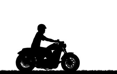 Plakat Silhouette biker with his motorbike on white background