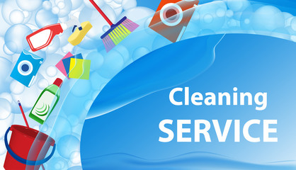 Cleaning service blue background. Banner or poster with soap bubbles and tools, cleaning products for cleanliness. Vector
