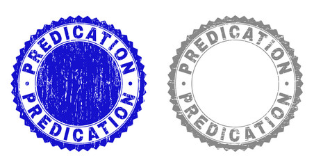 Grunge PREDICATION stamp seals isolated on a white background. Rosette seals with grunge texture in blue and gray colors. Vector rubber stamp imitation of PREDICATION tag inside round rosette.