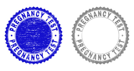 Grunge PREGNANCY TEST watermarks isolated on a white background. Rosette seals with grunge texture in blue and gray colors. Vector rubber stamp imprint of PREGNANCY TEST caption inside round rosette.