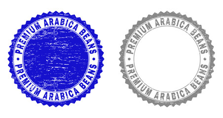 Grunge PREMIUM ARABICA BEANS stamp seals isolated on a white background. Rosette seals with grunge texture in blue and gray colors.