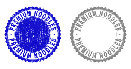 Grunge PREMIUM NOODLES stamp seals isolated on a white background. Rosette seals with grunge texture in blue and gray colors. Vector rubber stamp imitation of PREMIUM NOODLES tag inside round rosette.