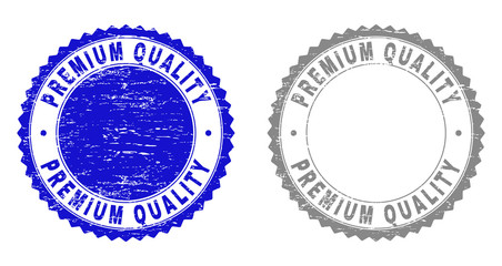 Grunge PREMIUM QUALITY stamp seals isolated on a white background. Rosette seals with grunge texture in blue and gray colors. Vector rubber watermark of PREMIUM QUALITY caption inside round rosette.