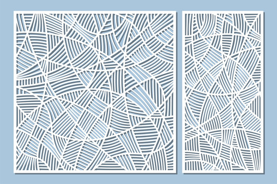 Set decorative card for cutting. Mosaic line pattern. Laser cut panel. Ratio 1:1, 1:2. Vector illustration.