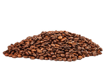 Grains of roasted coffee on white background.