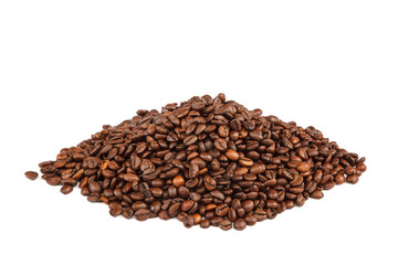 Grains of roasted coffee on white background.