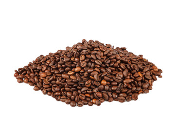 Grains of roasted coffee on white background.