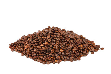 Grains of roasted coffee on white background.