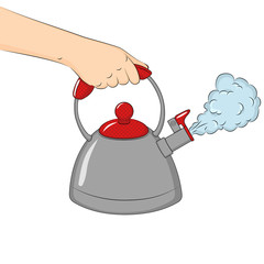 Hand holding boiled kettle. Isolated on white background. Vector