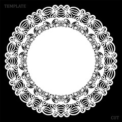 Lace round paper doily, greeting element, laser cut  template, doily to decorate the cake,  vector illustrations.