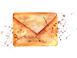 A watercolor drawing of an old sepia envelope with splashes of paint, mail icon on a white background