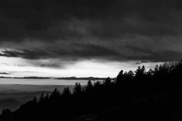 Trees silhouettes against the sky at dusk, with mountains layers in the background