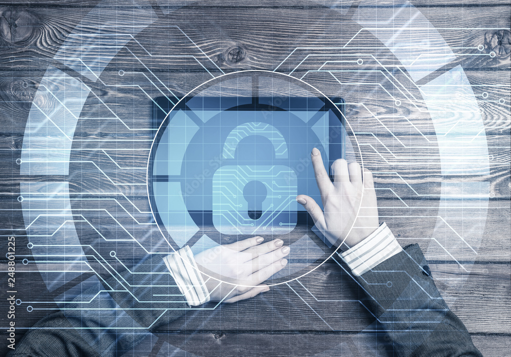 Poster concept of computer access with media lock icon on tablet screen