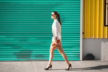 Fototapeta na wymiar young fashionable woman walking on the street