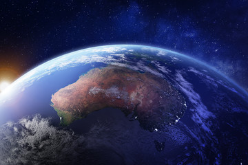 Australia from space at night with city lights of Sydney, Melbourne and Brisbane, view of Oceania, Australian desert, communication technology, 3d render of planet Earth, elements from NASA © NicoElNino