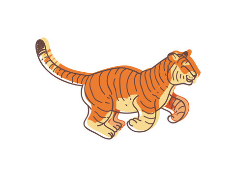 Adorable orange tiger in running action. Predatory animal. Large wild cat with striped coat. Hand drawn vector design