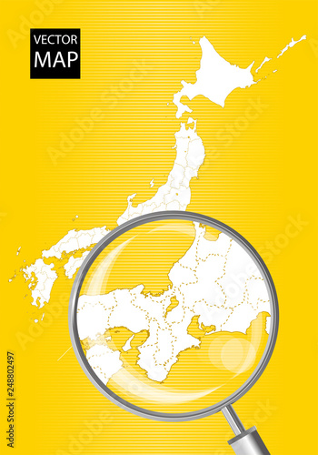 日本地図 黄色 虫眼鏡で拡大された東海 関西地方の地図 日本列島 ベクターデータ Wall Mural Globeds