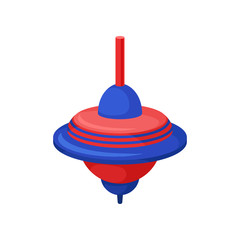 Flat vector icon of classic humming top. Plastic blue-red whirligig. Children spinning toy