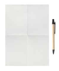 sheet of paper fold with Branch pen isolated on white